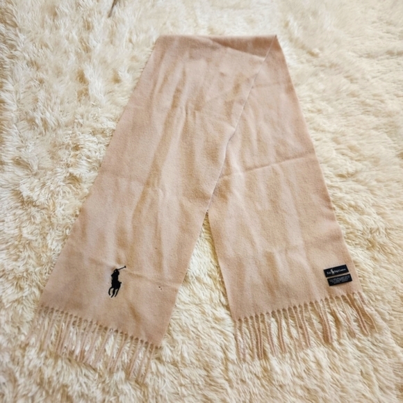 Polo Ralph Lauren 100% Lambswool Ivory Scarf with Navy Logo Made In Italy Flawed - Picture 2 of 9